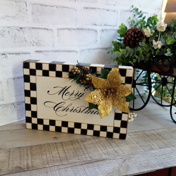 Checked Merry Christmas Sign Checked Ornament Checked Holiday Courtly Decor - Picture 5 of 7